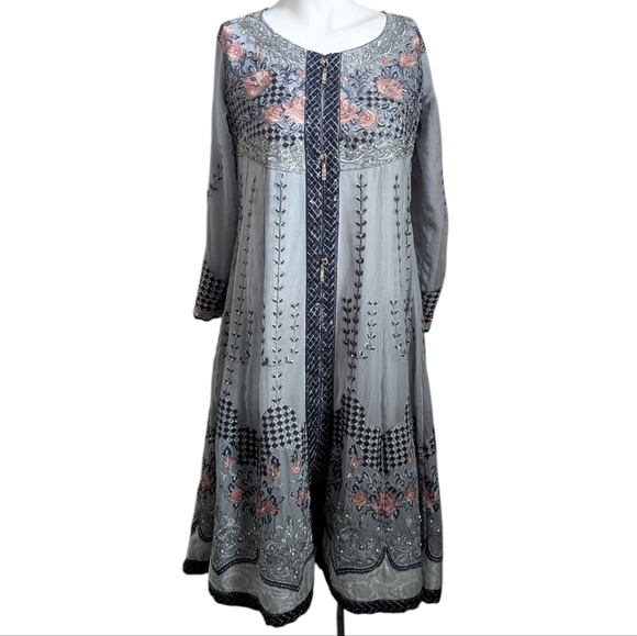 Indian Kurta Floral Embroidered Gray Top Lehenga Pakistani South Asian - Picture 1 of 14